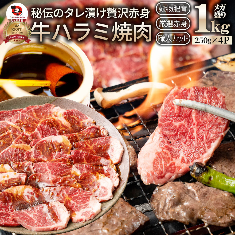 牛ハラミ焼肉(タレ漬け)1kg(250g×4) タレ 赤身 はらみ 秘伝 焼肉 やきにく ハラミ アウトドア お家焼肉 BBQ キャンプ キャンプ飯