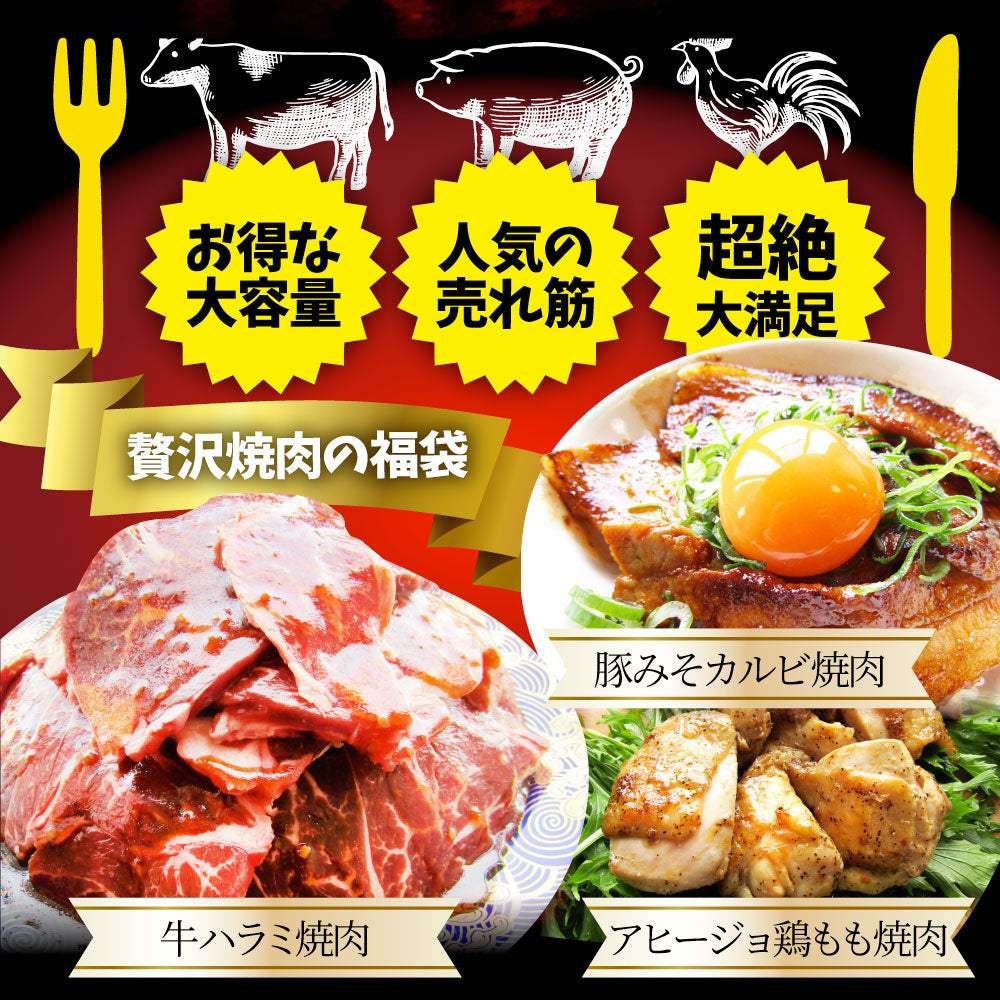 メガ盛り肉の福袋 絶品 焼肉 セット 総重量750g 牛 ハラミ 焼肉 & 豚味噌 カルビ 焼肉 牛肉 焼くだけ&レンジで簡単調理