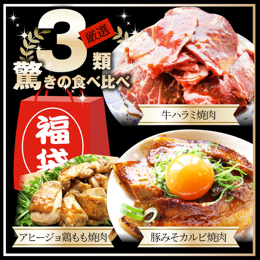 メガ盛り肉の福袋 絶品 焼肉 セット 総重量750g 牛 ハラミ 焼肉 & 豚味噌 カルビ 焼肉 牛肉 焼くだけ&レンジで簡単調理