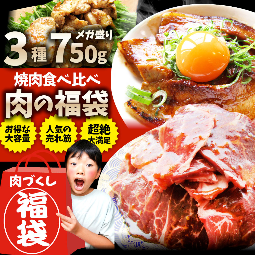メガ盛り肉の福袋 絶品 焼肉 セット 総重量750g 牛 ハラミ 焼肉 & 豚味噌 カルビ 焼肉 牛肉 焼くだけ&レンジで簡単調理