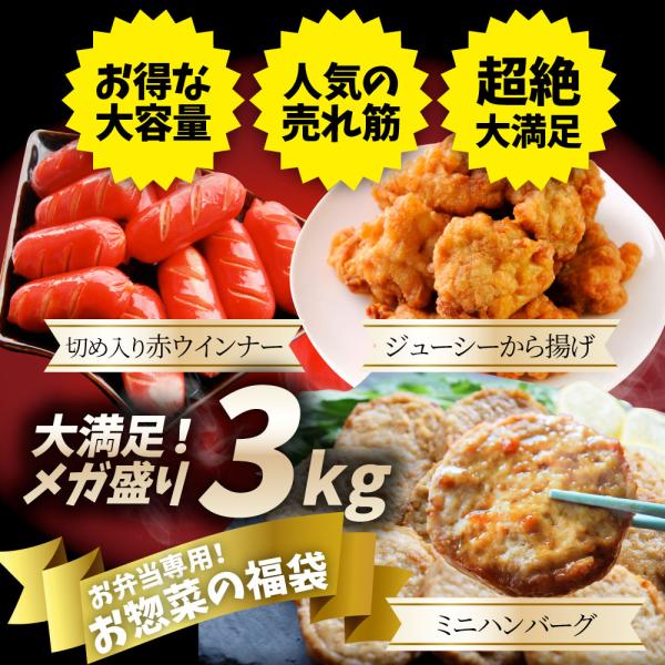 お弁当 お惣菜福袋 メガ盛り 3種 3kg 大容量 売れ筋 大満足 そうざい お惣菜 冷凍 セット 唐揚げ ハンバーグ ウインナー 肉 母の日 父の日 ギフト 食べ物