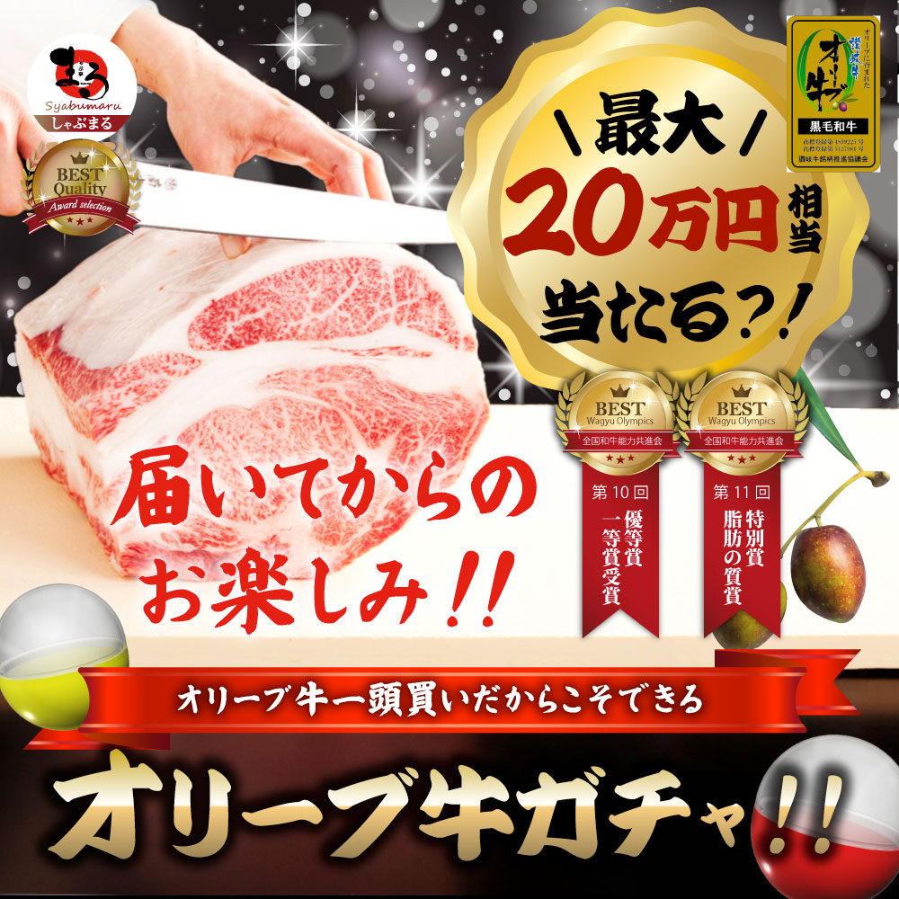 A5等級 オリーブ牛 ガチャ 最大20万円分 黒毛和牛 部位ガチャ 冷凍 お取り寄せ ギフト 高級食材 ブランド牛 福袋 当たる 豪華 牛肉 すき焼き 焼肉 ステーキ 和牛