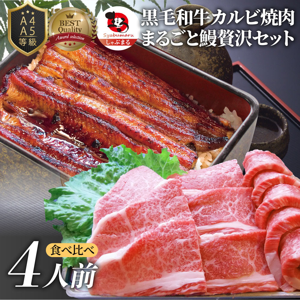 黒毛和牛 & まるごと鰻 セット 4人前 肉 お中元 ギフト 食品 プレゼント 女性 男性 お祝い 新生活 カルビ 焼肉 A4 ~ A5等級 プレゼント 牛肉 贅沢