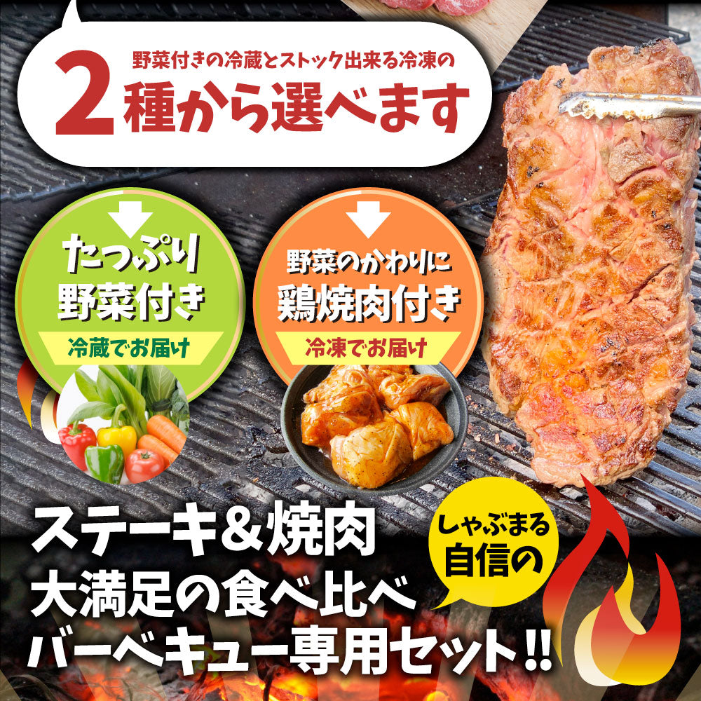 ステーキ ＆ 焼肉 バーベキュー専用セット 《肉重量最大2.6kg》 選べる野菜付き冷蔵or冷凍 焼肉のタレ付き 行楽 野外 食べ物 牛肉 アウトドア お家焼肉 レジャー