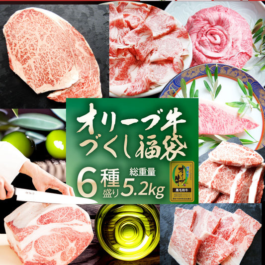 2024 肉の福袋 オリーブ牛 メガ盛り 総重量5.2kg超（ 6種 食べ比べ ） 福袋 黒毛和牛 牛肉 焼肉 ステーキ ギフト お祝い 凍眠 A4 A5等級