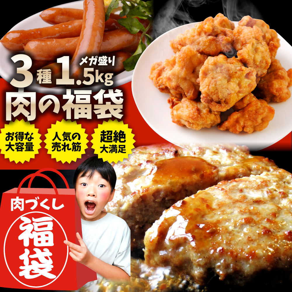 メガ盛り肉の福袋 絶品 惣菜 セ ット 総重量1.5kg ハンバーグ 唐 揚げ ソーセージ 焼くだけ＆レン ジで簡単調理