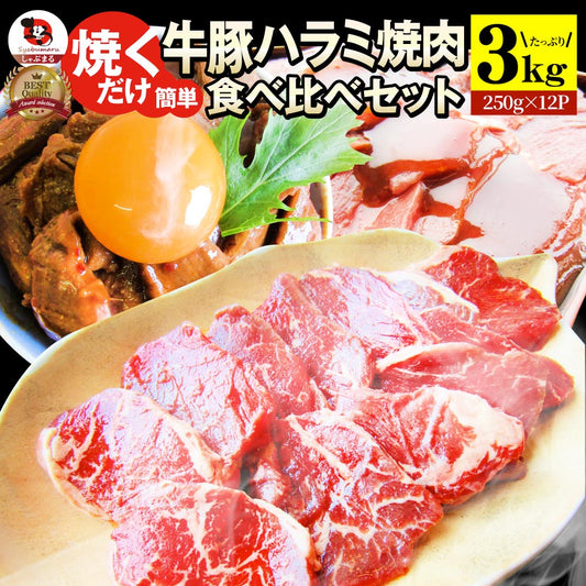 ハラミ 食べ比べ 牛肉 豚肉 焼肉 3kg 250g× 12P メガ盛り 赤身 はらみ バーベ キュー 美味しい ホワイトデー ギフト 食品 プレゼント 女性 男 性 お祝い