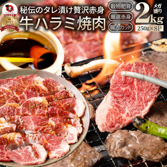 牛ハラミ焼肉（タレ漬け）2kg（250g×8） タレ 赤身 はらみ 秘伝 焼肉 やきにく ハラミ アウトドア お家焼肉 BBQ キャンプ キャンプ飯 まとめ買い割引