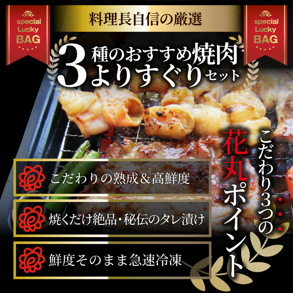 焼肉 セット 牛肉 肉 よりすぐり 3種盛り 3人前 福袋 ホルモン カルビ バーベキュー