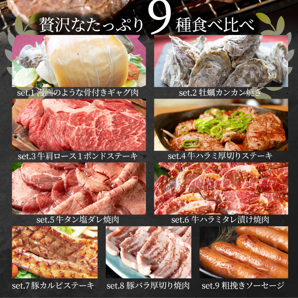 牡蠣焼き バーベキュー パーティー 焼肉  ステーキ セット 4.4kg  9種盛り 肉 海鮮 BBQ 殻付き牡蠣 ハラミ 牛タン 牛ハラミ 牛肉 魚 通販 グルメ アウトドア