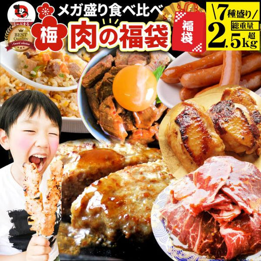 肉 福袋 肉の福袋 「梅福袋」牛肉 食品 メガ盛り 総重量2.5kg超 焼くだけ＆レンジで簡単調理！ランキング1位＆人気のお肉豪華セット 焼肉 ハラミ ランキング1位 ハンバーグ 時短 プレゼント 送料無料