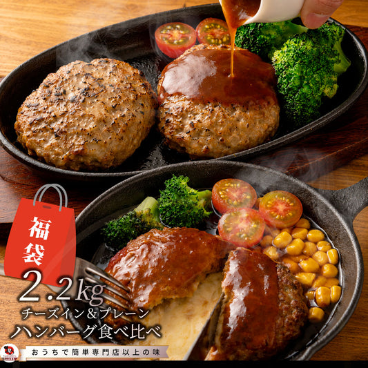 福袋 ハンバーグ 食べ比べ 豪華 メガ盛り 2.2kg 2種セット (プレーン100g×12個、チーズイン100g×10個) 惣菜 お弁当 業務用