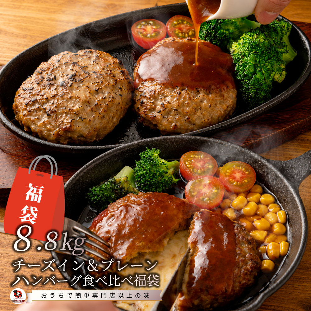 ハンバーグ 福袋 2種食べ比べ セット 8.8kg (プレーン100g×48個、チーズイン100g×40個) 温めるだけ レンジ 冷凍 惣菜 あすつく 業務用 爆買