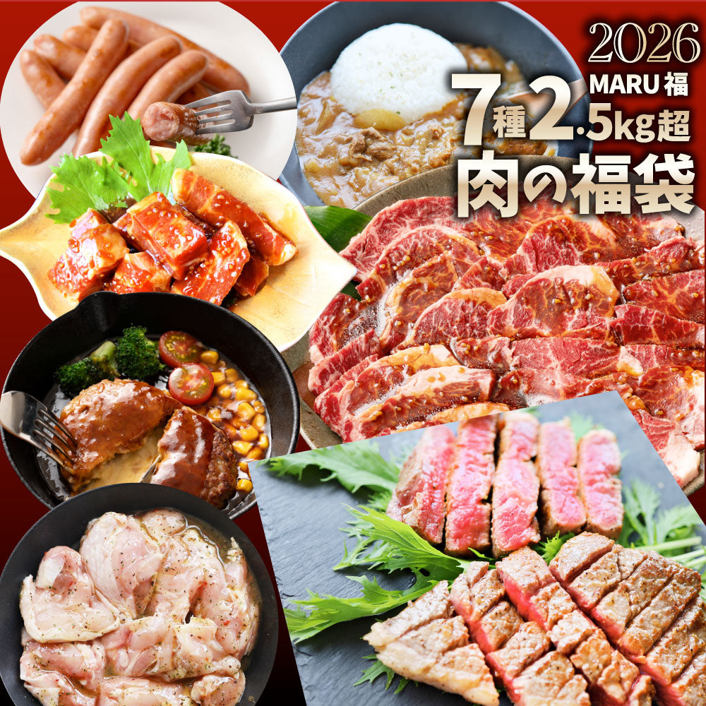 2026 まるふく 肉の福袋 7種 2.56kg ランプステーキ 牛ハラミ ハンバーグ トンテキ バジルチキン カレー ソーセージ 冷凍 詰め合わせ 肉セット 爆買