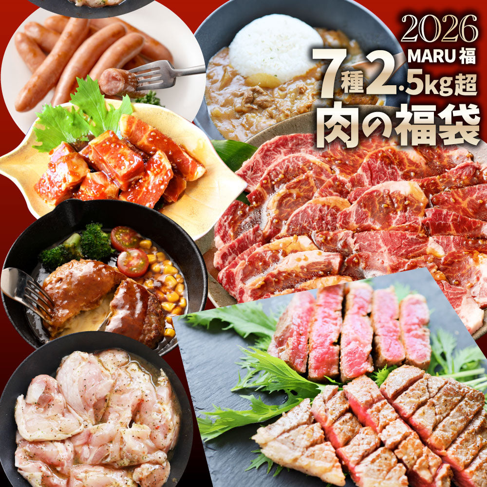 2026 まるふく 肉の福袋 7種 2.56kg ランプステーキ 牛ハラミ ハンバーグ トンテキ バジルチキン カレー ソーセージ 冷凍 詰め合わせ 肉セット 爆買