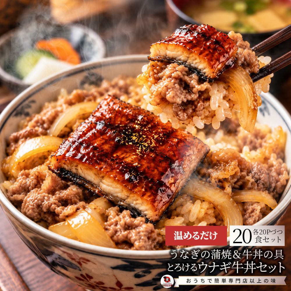うなぎ牛丼 各20食セットセット うなぎ 牛丼 ウナギ 鰻 丼の具 蒲焼き 牛肉 スタミナ飯 ご飯のお供 おかず 惣菜 冷凍食品 簡単調理 ランチ 夜食 惣菜 冷凍ストック ご飯もの お取り寄せ
