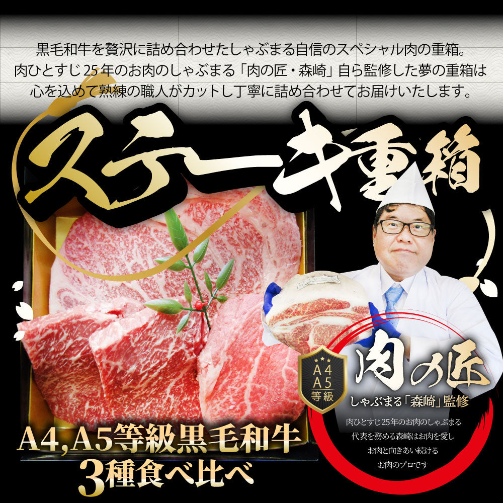 肉 重箱 A4 A5等級黒毛和牛 1段重 ステーキ 重箱 3人前 3種 総重量 670g 食べ比べ ロース もも 肉の匠監修 すき焼き しゃぶしゃぶ スライス お歳暮 クリスマス