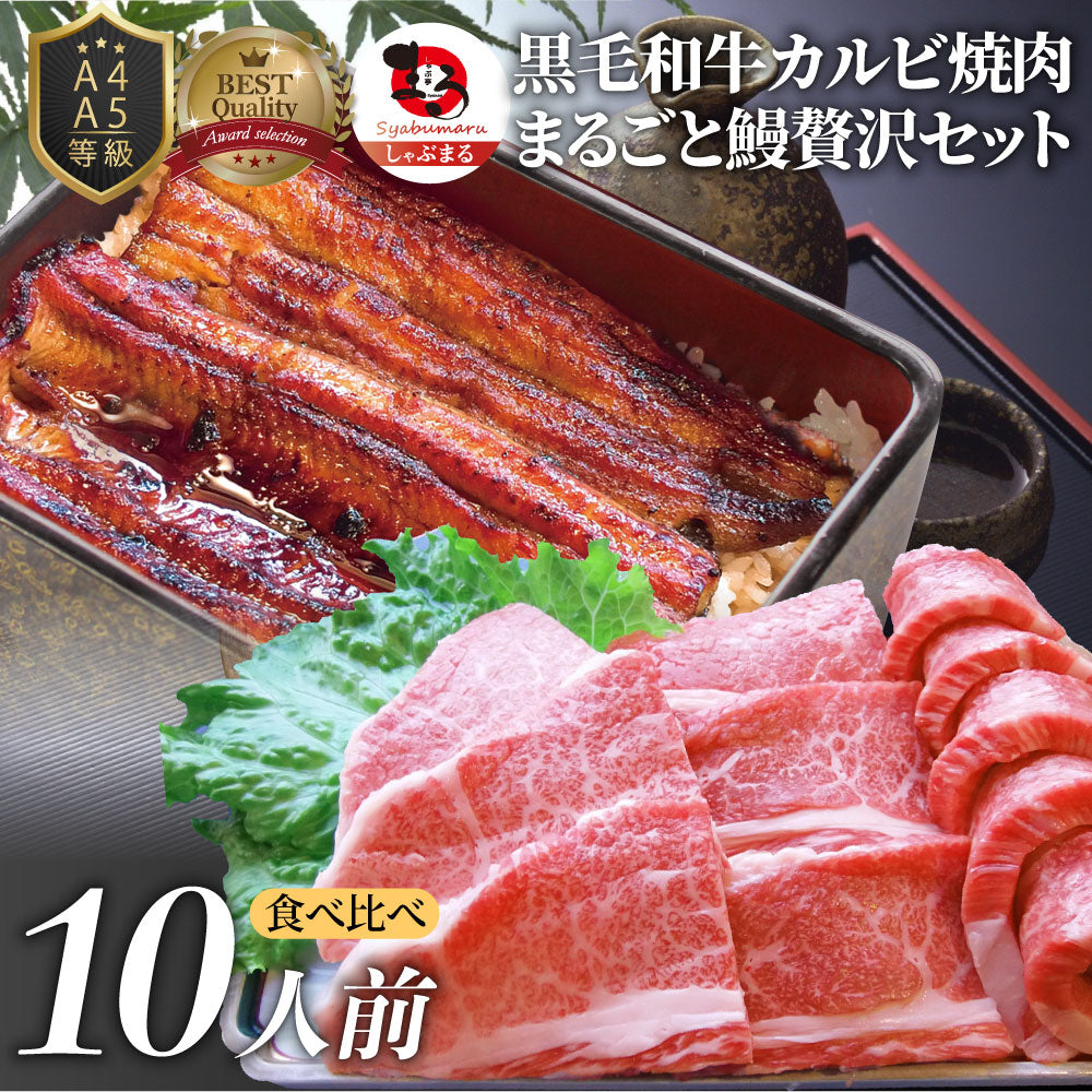 黒毛和牛 ＆ まるごと鰻 セット 10人前 肉 お中元 ギフト 食品 プレゼント 女性 男性 お祝い 新生活 黒毛和牛 カルビ 焼肉 A4 ～ A5等級 プレゼント 牛肉 うなぎ