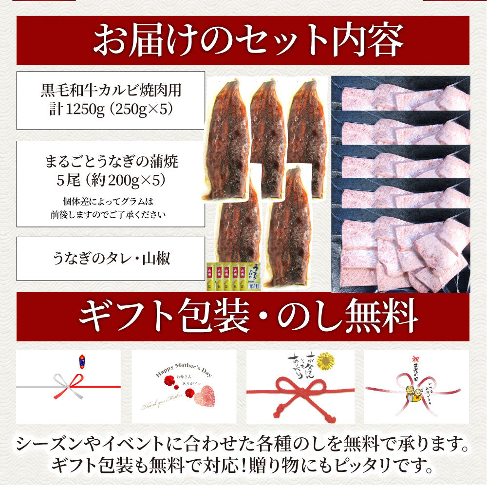 黒毛和牛 ＆ まるごと鰻 セット 10人前 肉 お中元 ギフト 食品 プレゼント 女性 男性 お祝い 新生活 黒毛和牛 カルビ 焼肉 A4 ～ A5等級 プレゼント 牛肉 うなぎ