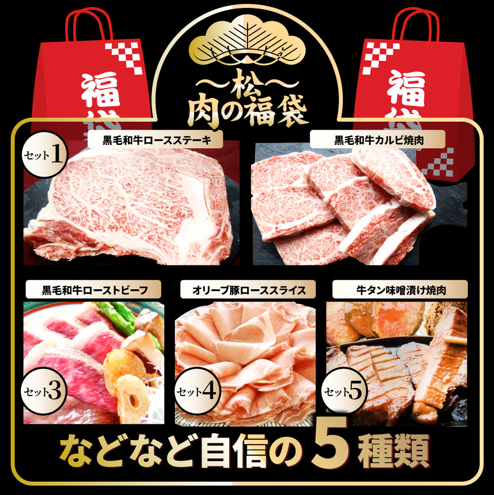 肉 福袋 黒毛和牛入り 2023年 肉の福袋 「松福袋」総重量1kg超 5種食べ比べ 牛肉 食品 メガ盛り 焼くだけ＆解凍するだけ簡単調理！ランキング1位＆人気のお肉豪華セット