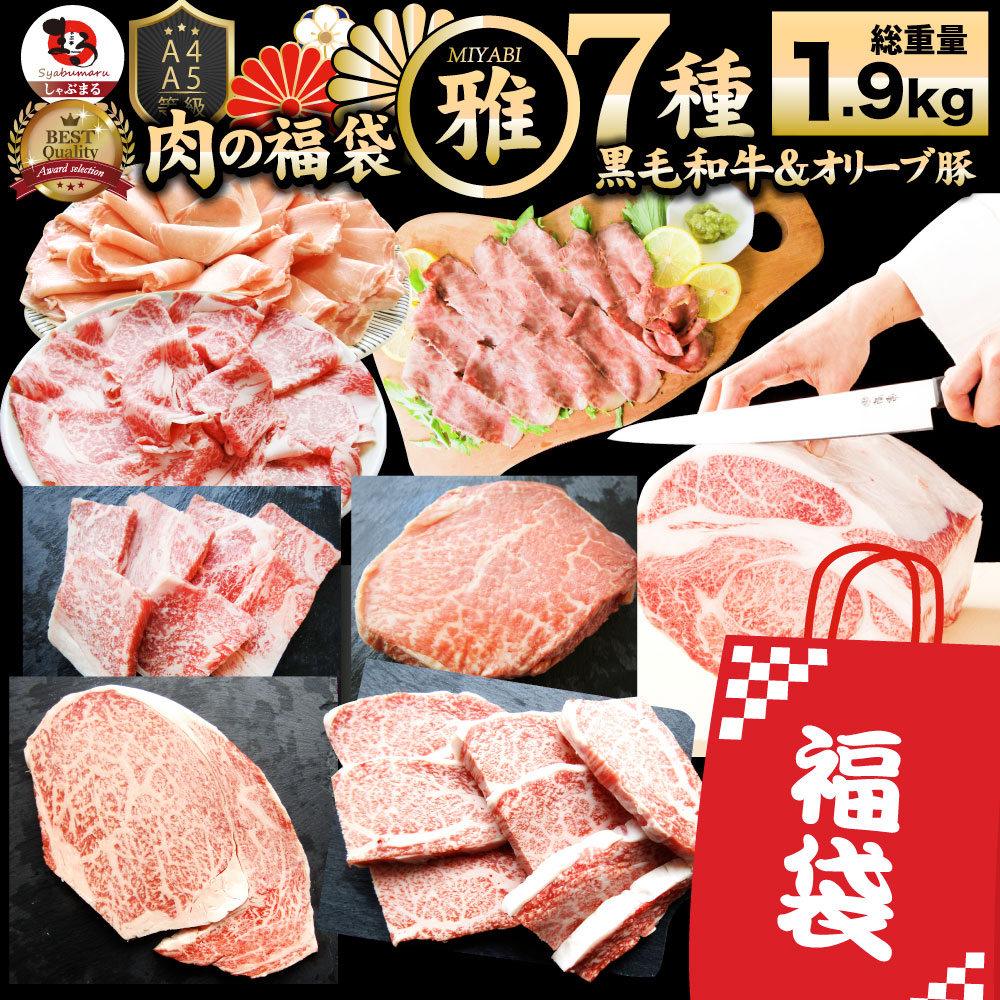 肉 福袋 黒毛和牛 オリーブ豚 食べ比べ 総重量1.9kg超 2023年 肉の福袋 「雅福袋―MIYABI-」牛肉 食品