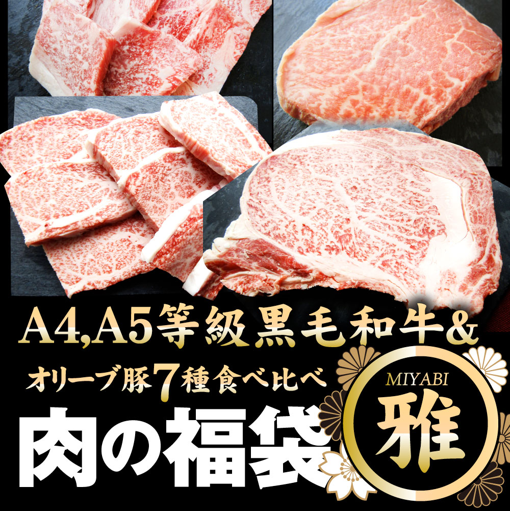 肉 福袋 黒毛和牛 オリーブ豚 食べ比べ 総重量1.9kg超 2023年 肉の福袋 「雅福袋―MIYABI-」牛肉 食品