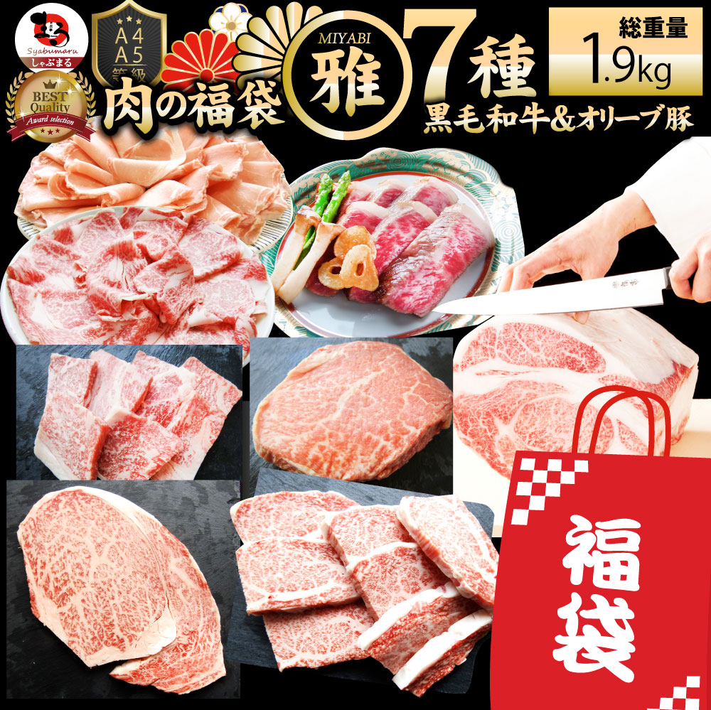 肉 福袋 黒毛和牛 オリーブ豚 食べ比べ 総重量1.9kg超 2023年 肉の福袋 「雅福袋―MIYABI-」牛肉 食品