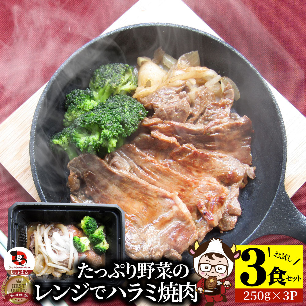 レンジで牛ハラミ焼肉 3食（250g×3）  低糖質 たっぷり野菜のハラミ焼肉 やきにく ハラミ タレ 赤身 はらみ 秘伝 焼肉セット 焼肉 ランキング1位 惣菜 お家焼肉